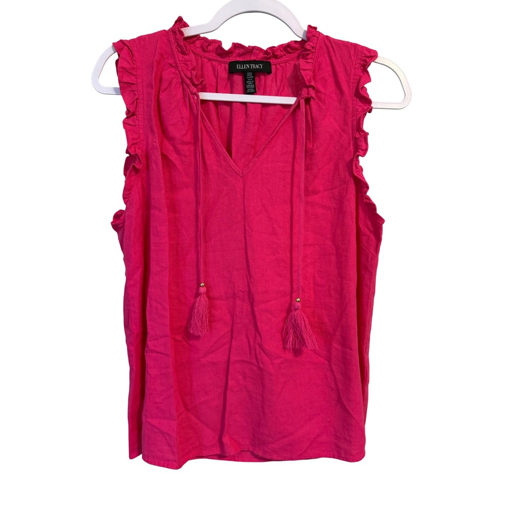 Ellen Tracy Sleeveless Ruffle Neck V‎ Neck Pink Top Size M